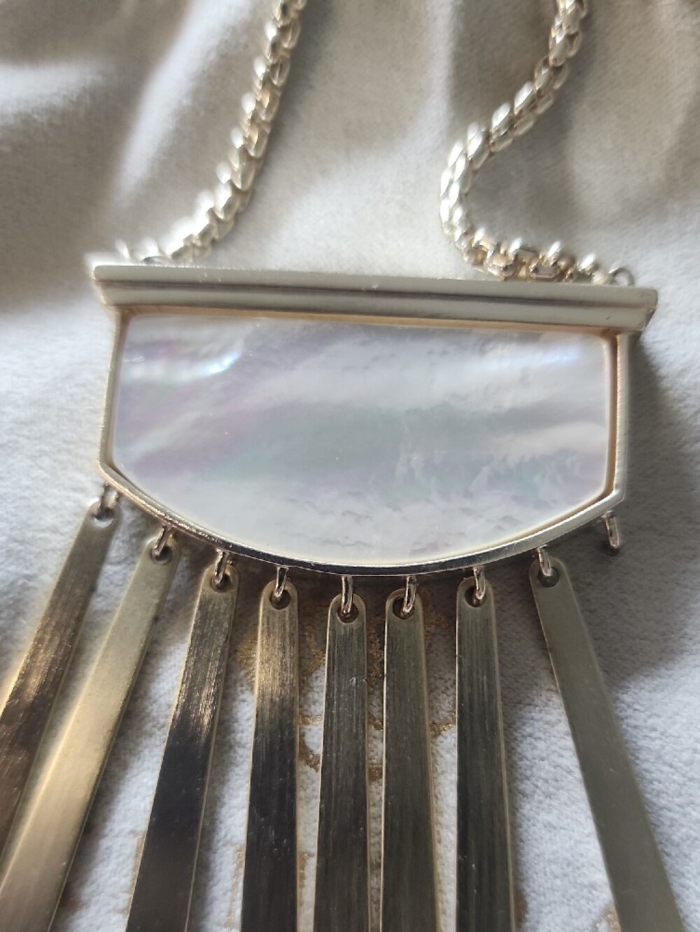 Gold Fringe Pendant Necklace with Mother-of-Pearl Inlay . One Missing Link - Picture 14 of 15